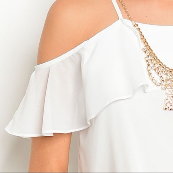 White Cold Shoulder Ruffle Shift Dress - Picture 6 of 8